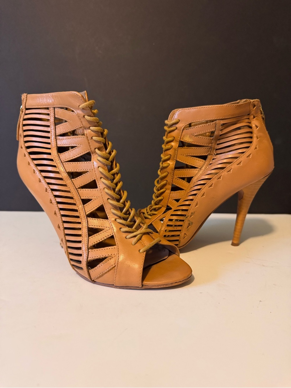 Nine West Tan Lace-Up Cutout Peep-Toe Stiletto Heels